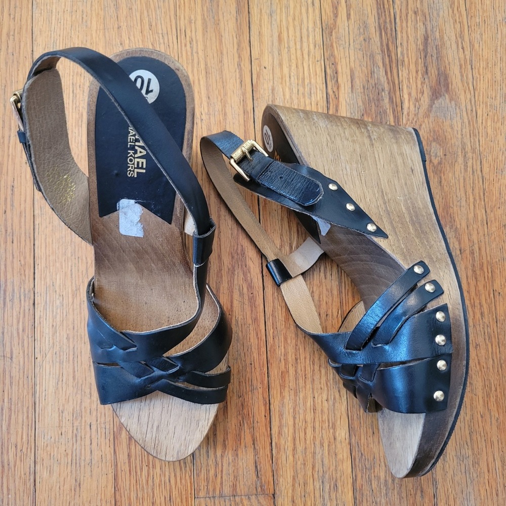 Michael Kors 10 Wedge Sandals Black Leather Wood Platform Open Toe Inglewood